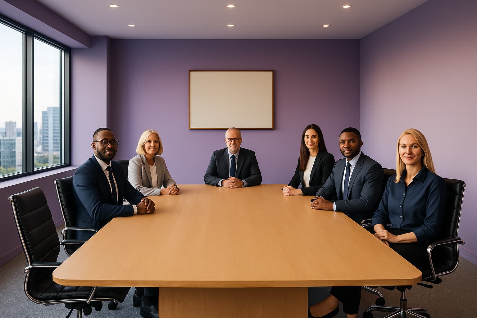Six business people seated around a boardroom table in a purple-walled meeting room