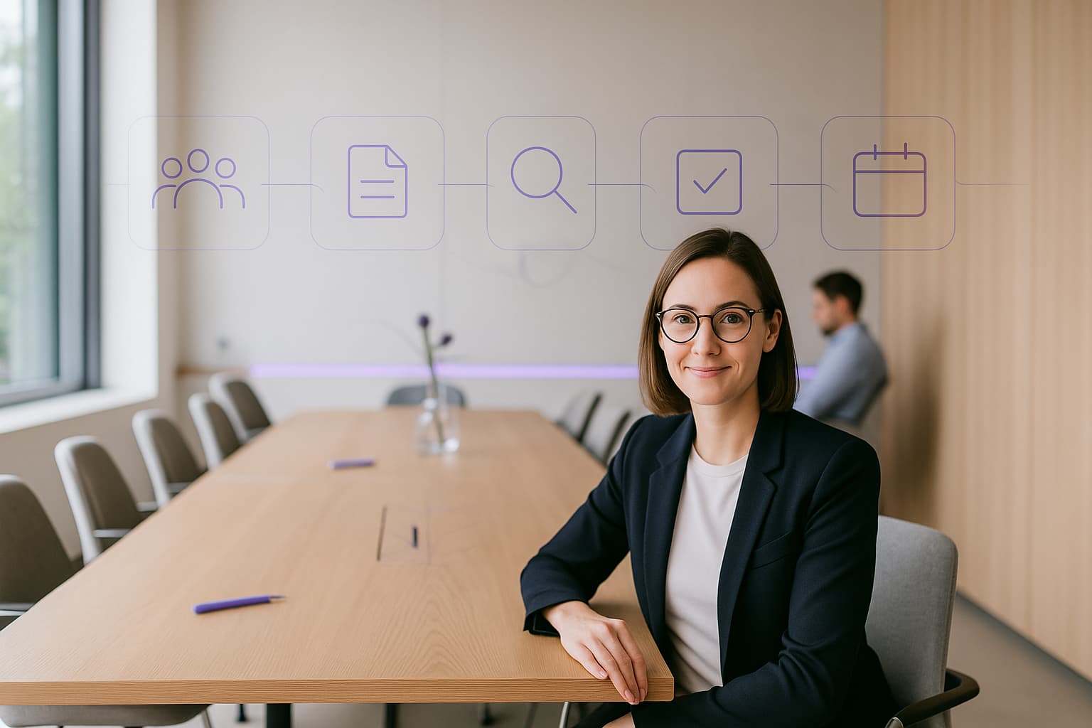 A woman smiling at a meeting table, with icons for team, documents, analysis, approval and calendar connected in a line above her